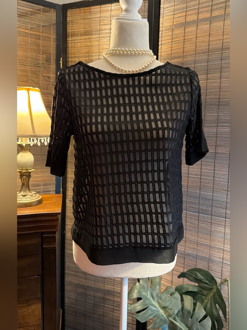 Banana Republic XS Petite Black Sheer Embroidered Grid Mesh Short Sleeve Top
